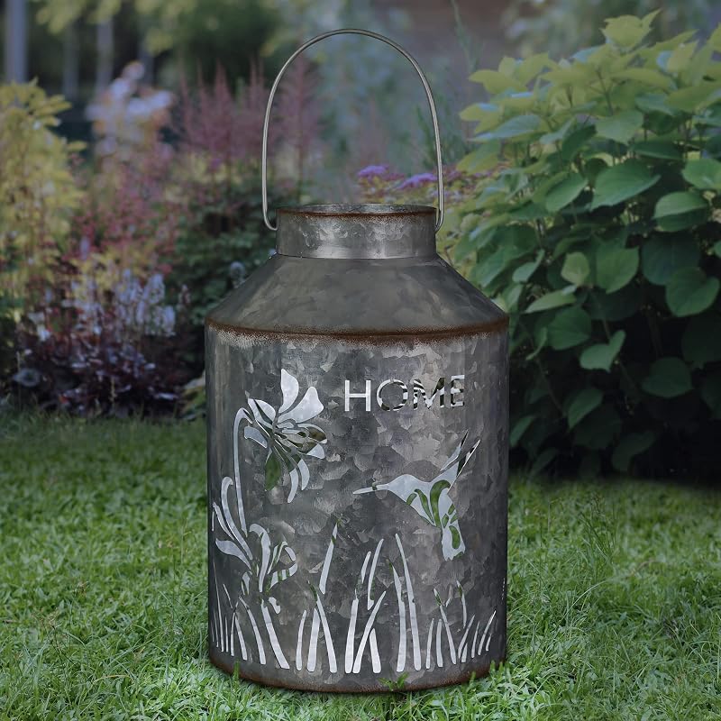 Exhart Solar “Home” Cute Pail Lantern, Outdoor LED Garden Light, Durable Stamped Metal, 7.5”X11.5”