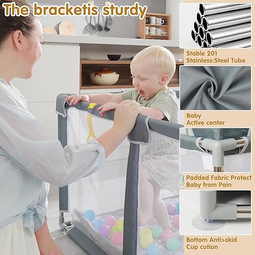 Miniatura 5 de Corralito para bebés, 79 x 71 pulgadas, corralito para bebés y niños pequeños con tapete para interiores y exteriores, con corralito transpirable