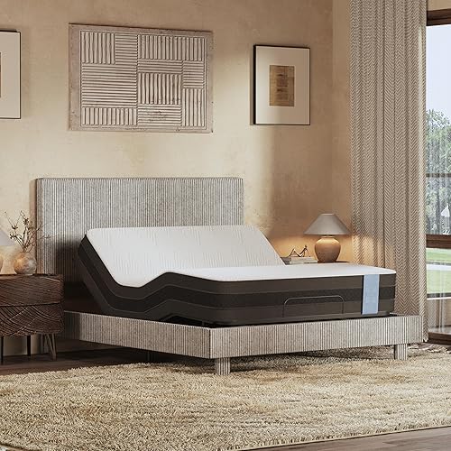 Miniatura 10 de FLEXISPOT Cama ajustable todo en uno Queen con base de cama tapizada de terciopelo, cabecera acanalada de canal vertical, elevación de cabeza y