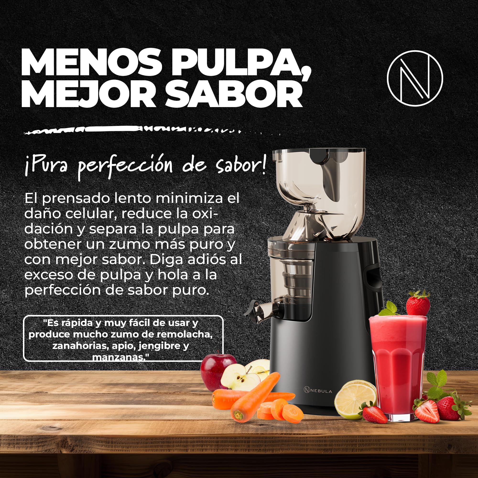 Nebula Grande Exprimidor En Frío, Frutas Y Verduras Enteras | Rojo Intenso | Recipiente De Carga De Cuello Ancho, Sin BPA, 45RPM, Motor Profesional, Fácil De Limpiar