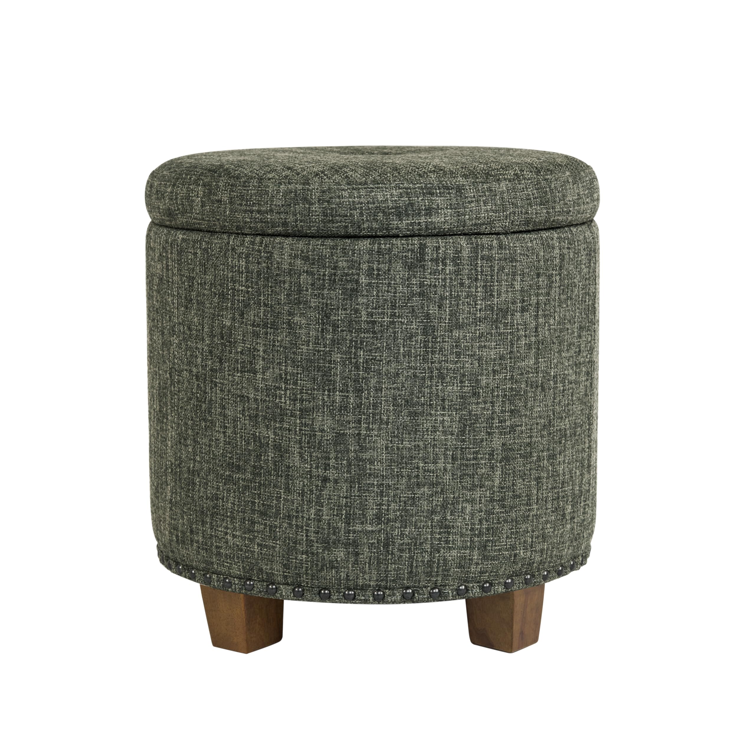 Homepop Home Decor | Upholstered Round Storage Ottoman with Nailheads| Ottoman with Storage for Living Room & Bedroom, Green Clover Fabric