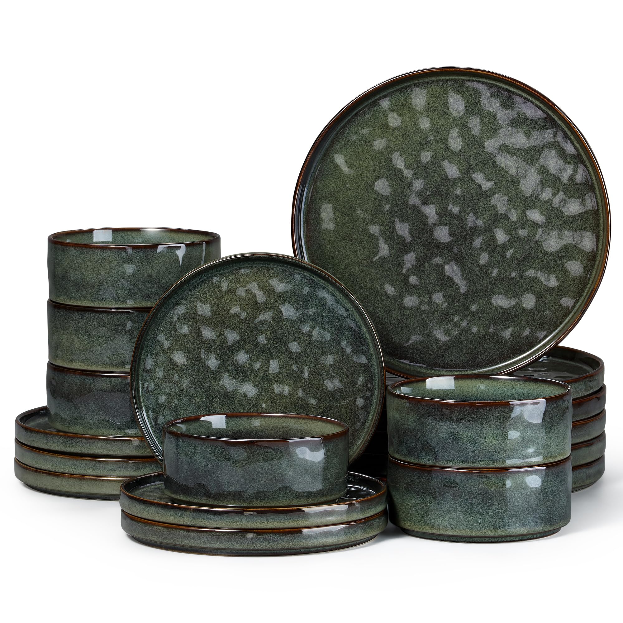 Herogo 18 Piece Dinner Set, Stoneware Dinnerware Sets for 6 People, Reactive Glaze Dining Plates and Bowls, Microwave and Dishwasher Safe, Chip and Scratch Resistant, Moss Green