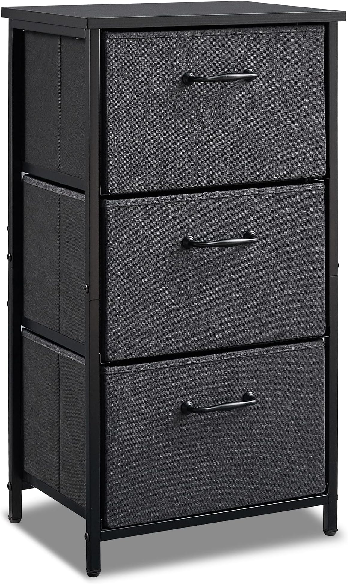 LAND·VOI Fabric Storage Drawer, 3 Drawers Nightstand, Removable Drawers Dresser for Bedroom, Office, Living Room and Hallway Entryway Closets, Steel Frame Wood Top, Easy Pull Handle, Black Grey