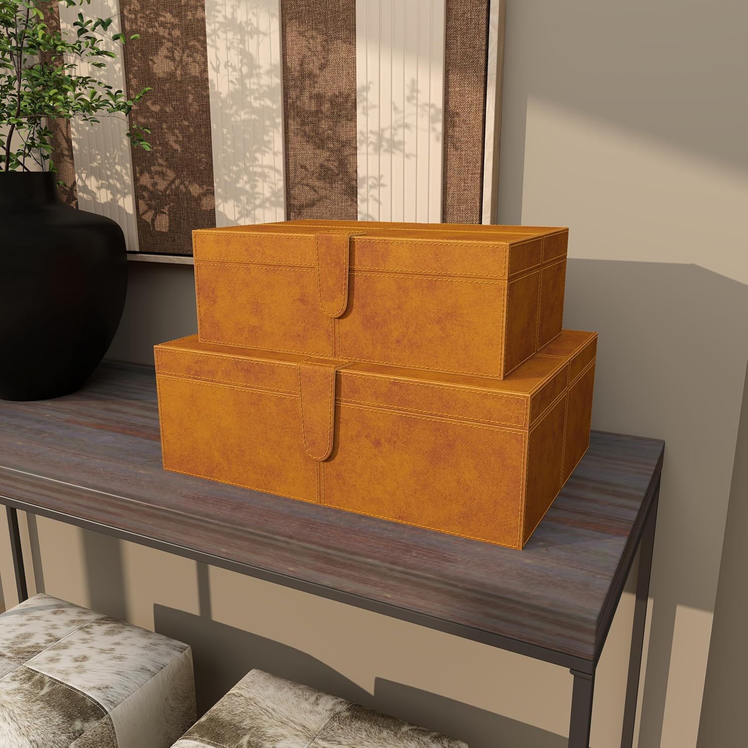 Deco 79 Leather Handmade Decorative Box Storage Decorative Keepsake Boxes with Snap Front Closure and Detailed Stitching, Set of 2 Storage Boxes 14", 17"W, Orange