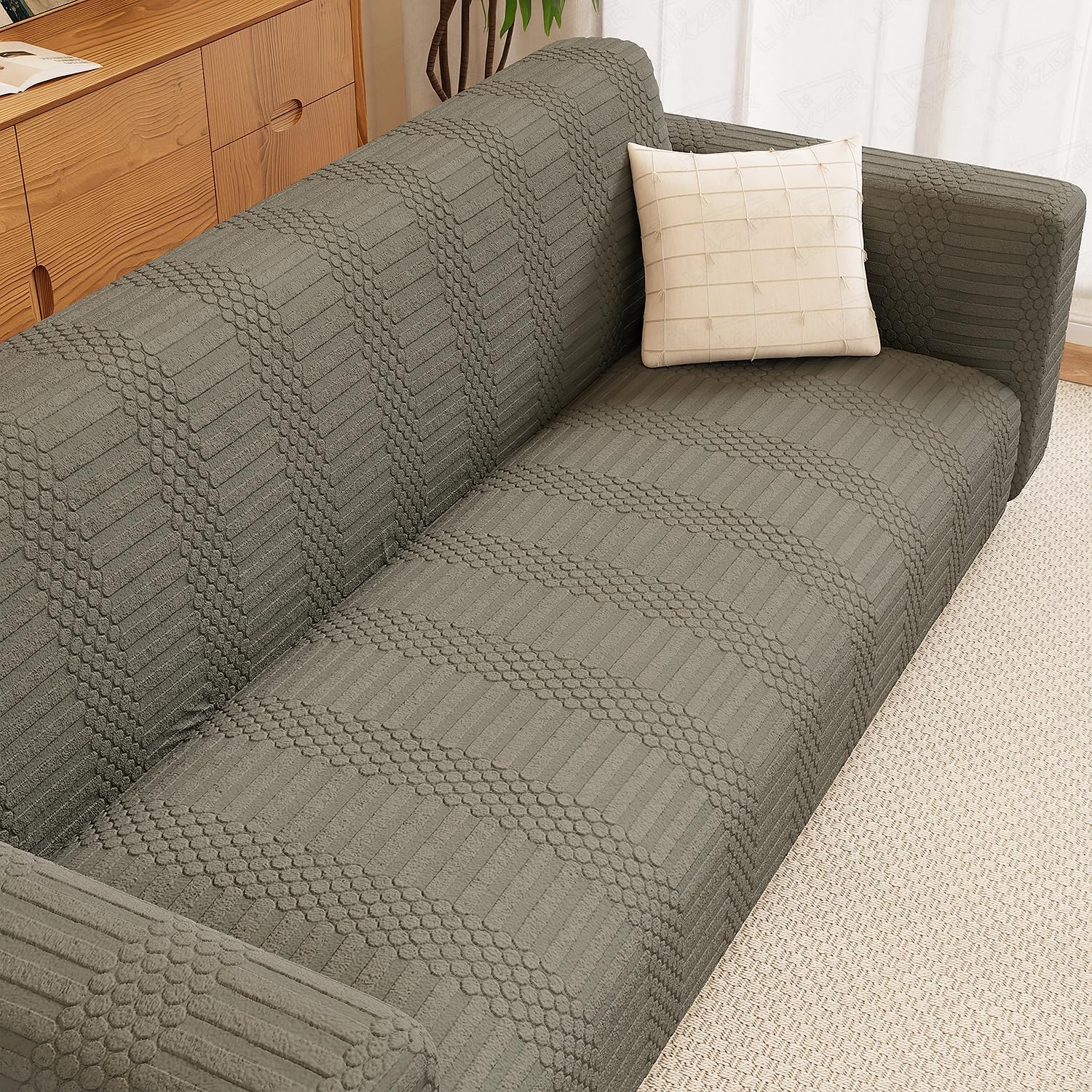 Lukzer 4 Seater Pastel Dark Grey Dotted Stripe Pattern Sofa Cover | 240 GSM Universal Stretch Fit Jacquard Fabric Couch Protector | Fully Covered Anti Slip & Washable Sofa Cover (SC-133-04/230-300cm)-image-33