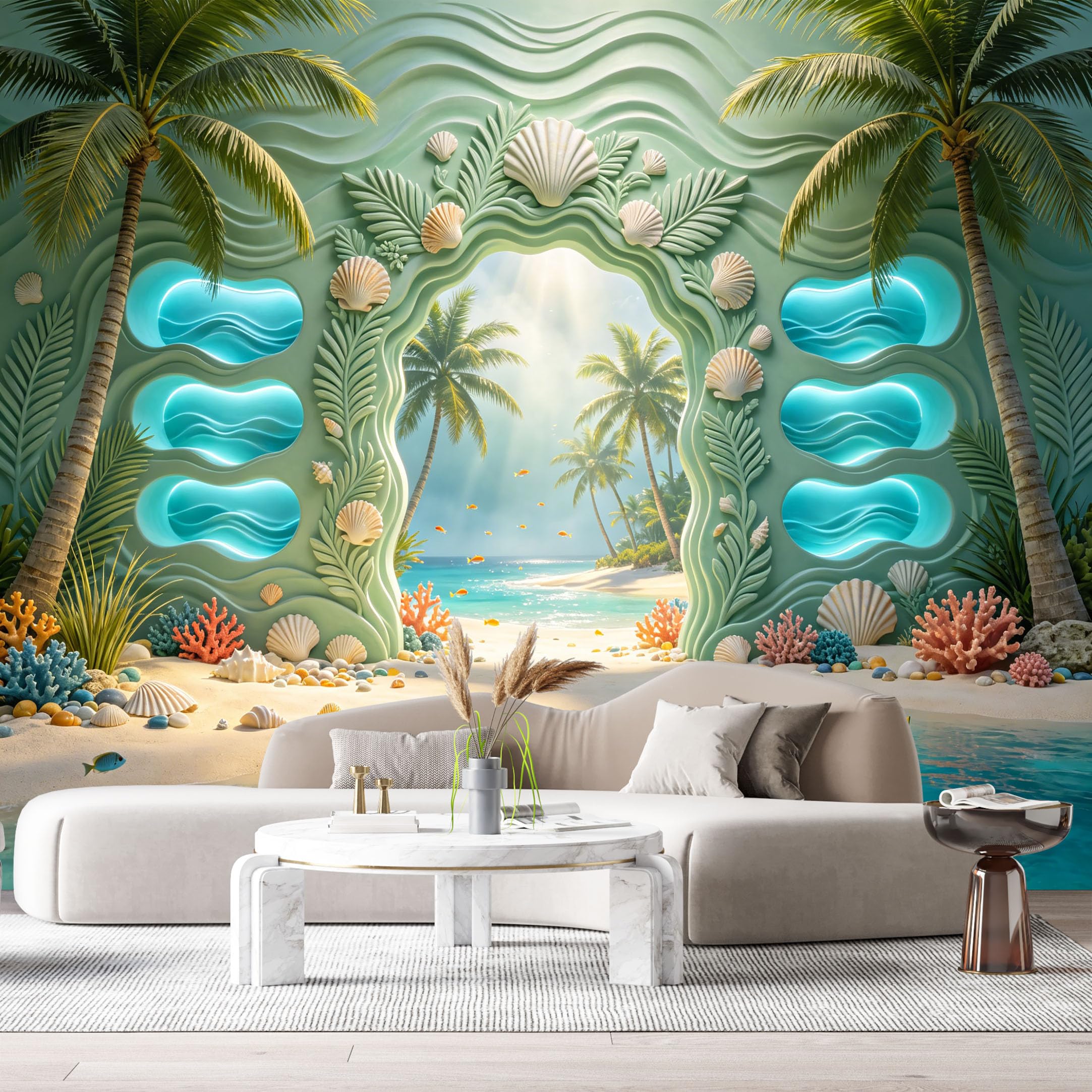 Custom Size Wall Murals Tropical Beach Relief Ocean 3D Trompe L'Oeil SelfAdhesiveWall Fabric Removable Wallpaper Wall Decor for Living Room Bedroom Bathroom