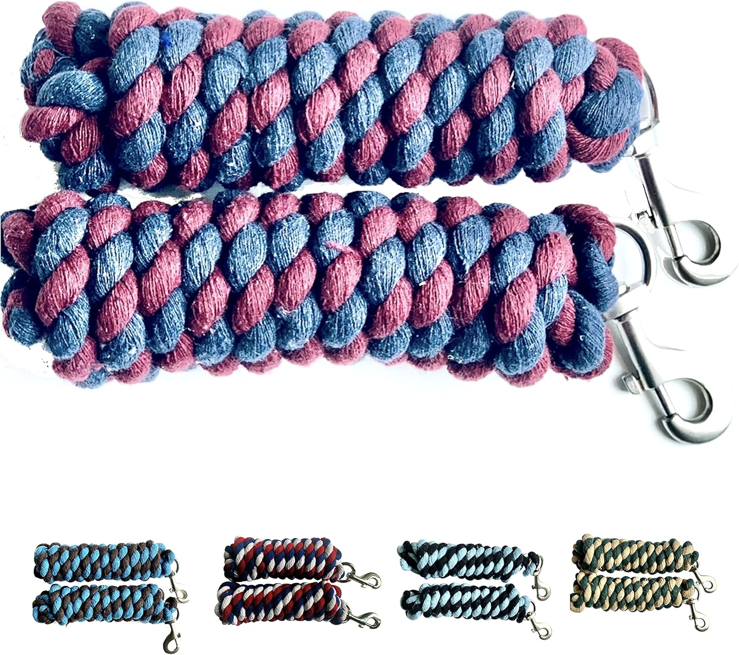 Majestic Ally Pack of 2 Solid Cotton Lead Rope for Horses & Livestock – 10 Foot Long and 5/8 inch Thick - Replaceable Heavy-Duty Satin Bolt Snap – Handmade – Soft, Broken in Feel (Navy -Burgandy)