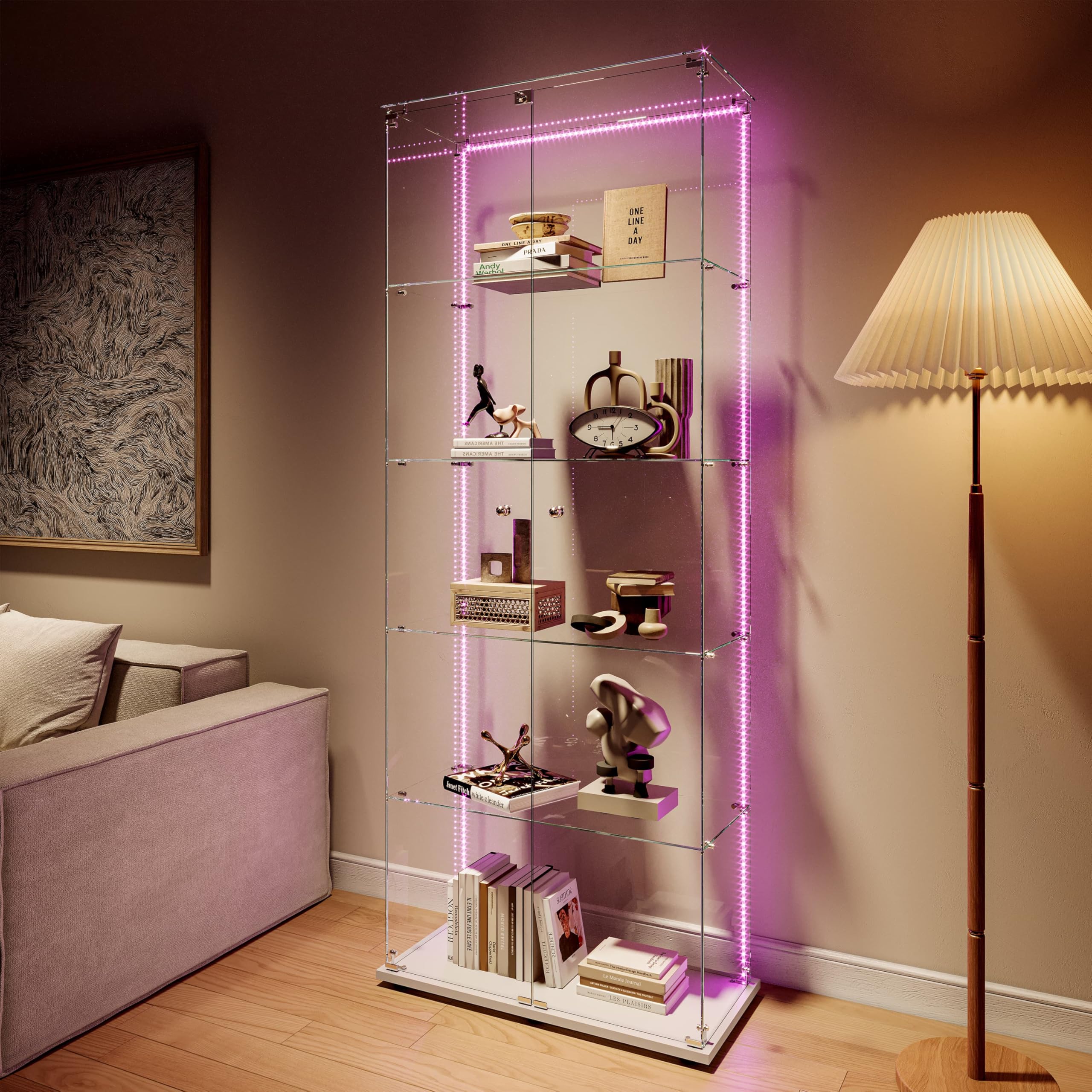 Vetrinetta in vetro da esposizione, Vetrinetta in piedi con LED, 5 strati di vetro, legno, vetrina in vetro, vetrinetta con 2 porte e serratura, vetrina in vetro, vetrinetta da esposizione per