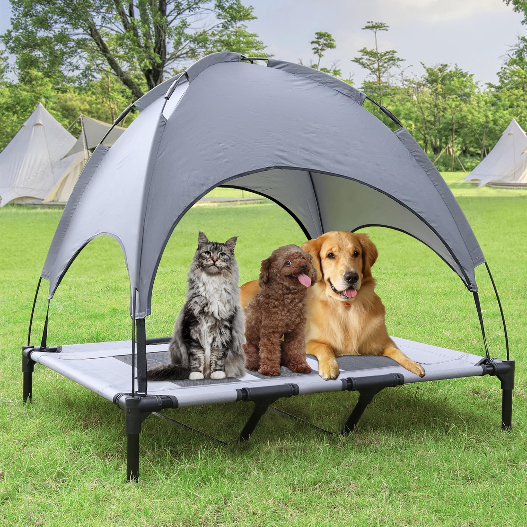FIVMEN Cama para perros con dosel para perros al aire libre 2 en 1, cama para mascotas, sofá elevado, cama para gatos y perros pequeños y grandes, 122 x 92 x 102 cm