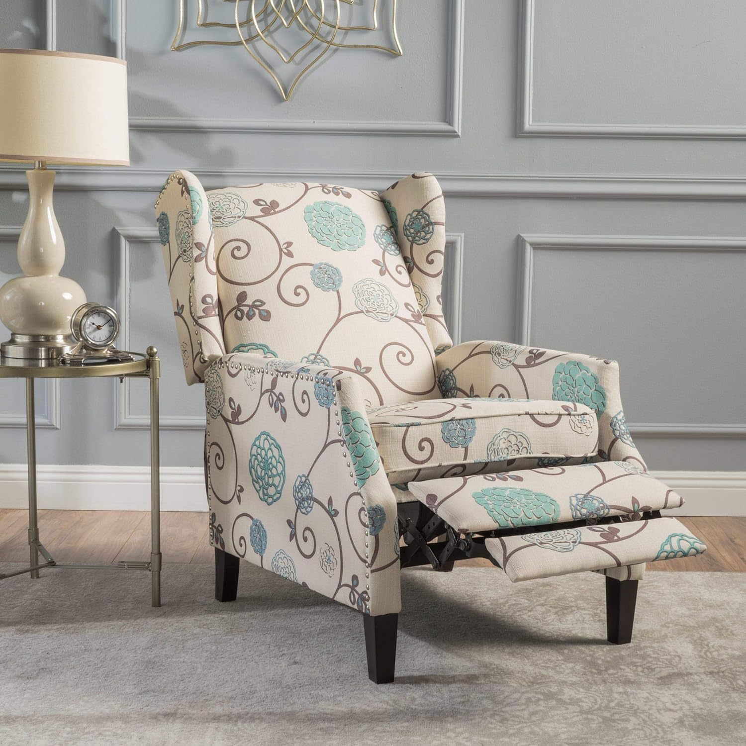 Wingback Floral Fabric Recliner Club Chair Blue White Mid-Century Modern Contemporary Pattern Polyester Wood