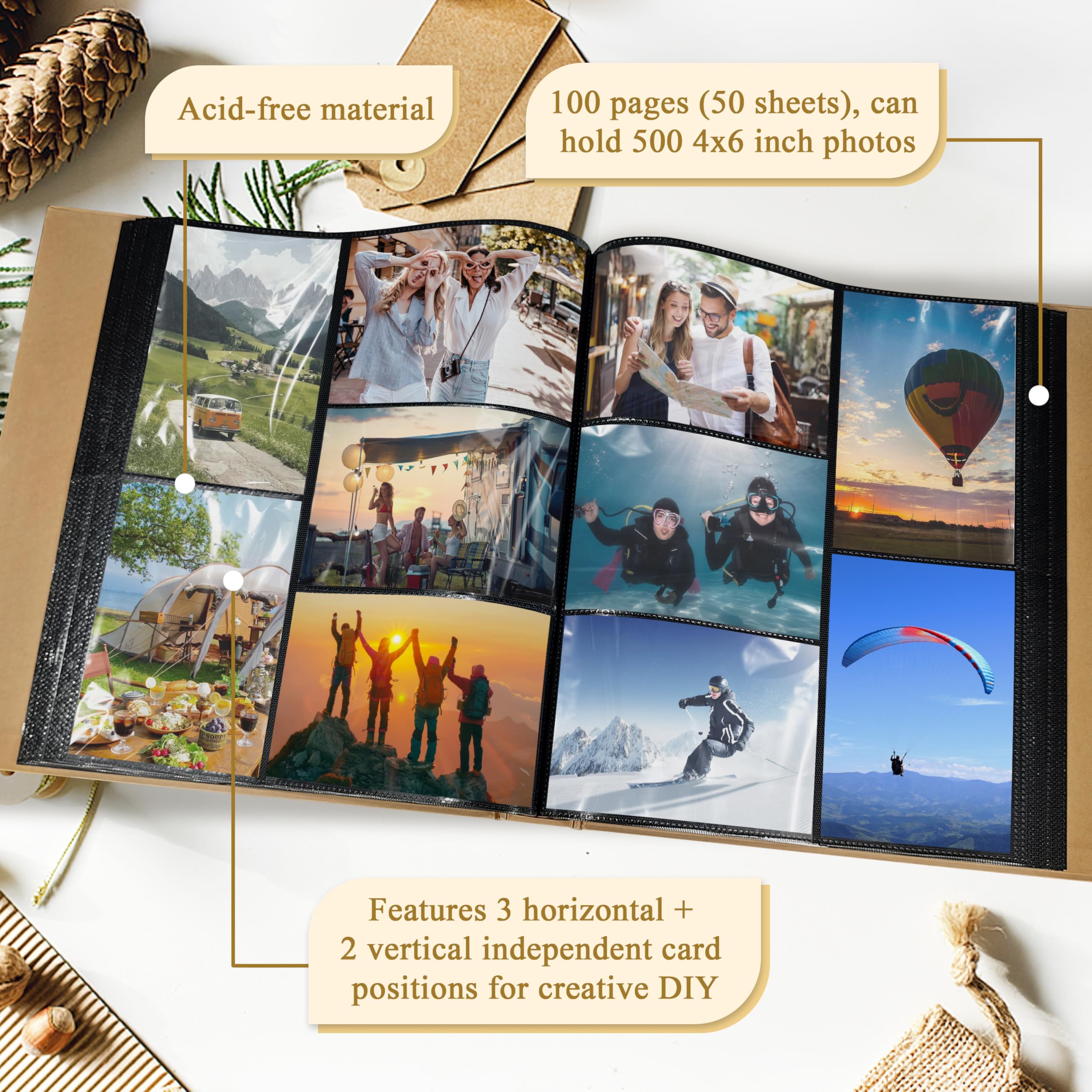 Álbum de fotos de viaje con capacidad para 500 fotos de 4 x 6 pulgadas con 5 bolsillos por página, tapa de mapa del mundo, libro de recuerdos para vacaciones familiares, viajes por carretera y