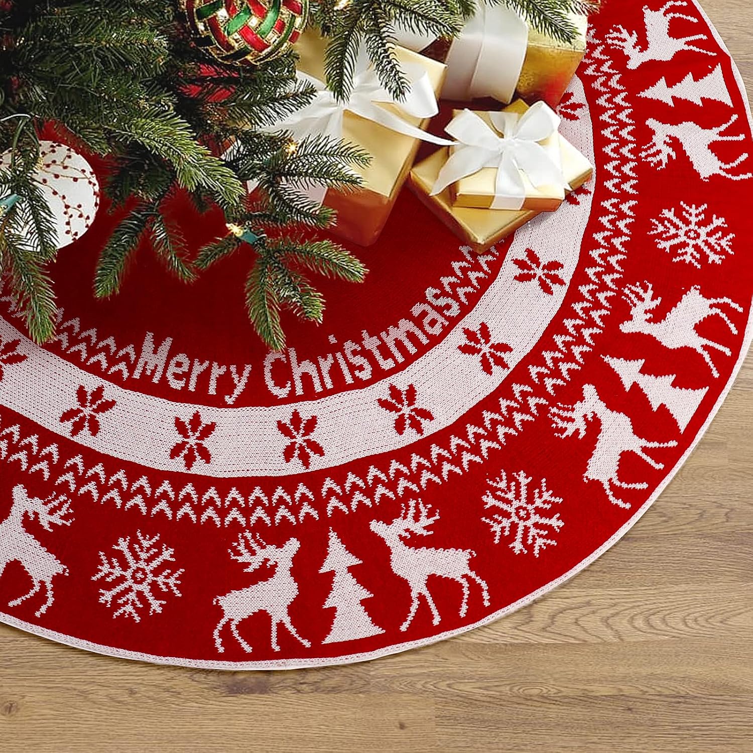 CILYDAME Christmas Tree Skirt 48 Inches, Knit Red Tree Skirt with White Snowflakes and Elk Pattern for Christmas Decorations, Red Edge