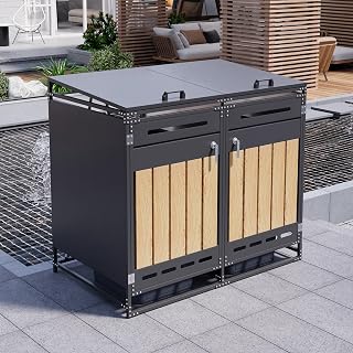 Merax Mülltonnenbox 2 Türen, mit hydraulischem Deckel, eiserner Garten-Aufbewahrungsschrank, abschließbare Mülltonnenverkleidung für 2 Tonnen, wetterfest & rostgeschützt, Schwarz