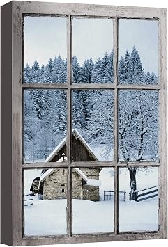 NWT Canvas Print Wall Art Window View Winter Snow Forest Farm Village Landscape Nature Wilderness Photography Modern Art Rustic Decorative Colorful Scenic for Living Room, Bedroom, Office - 24x36