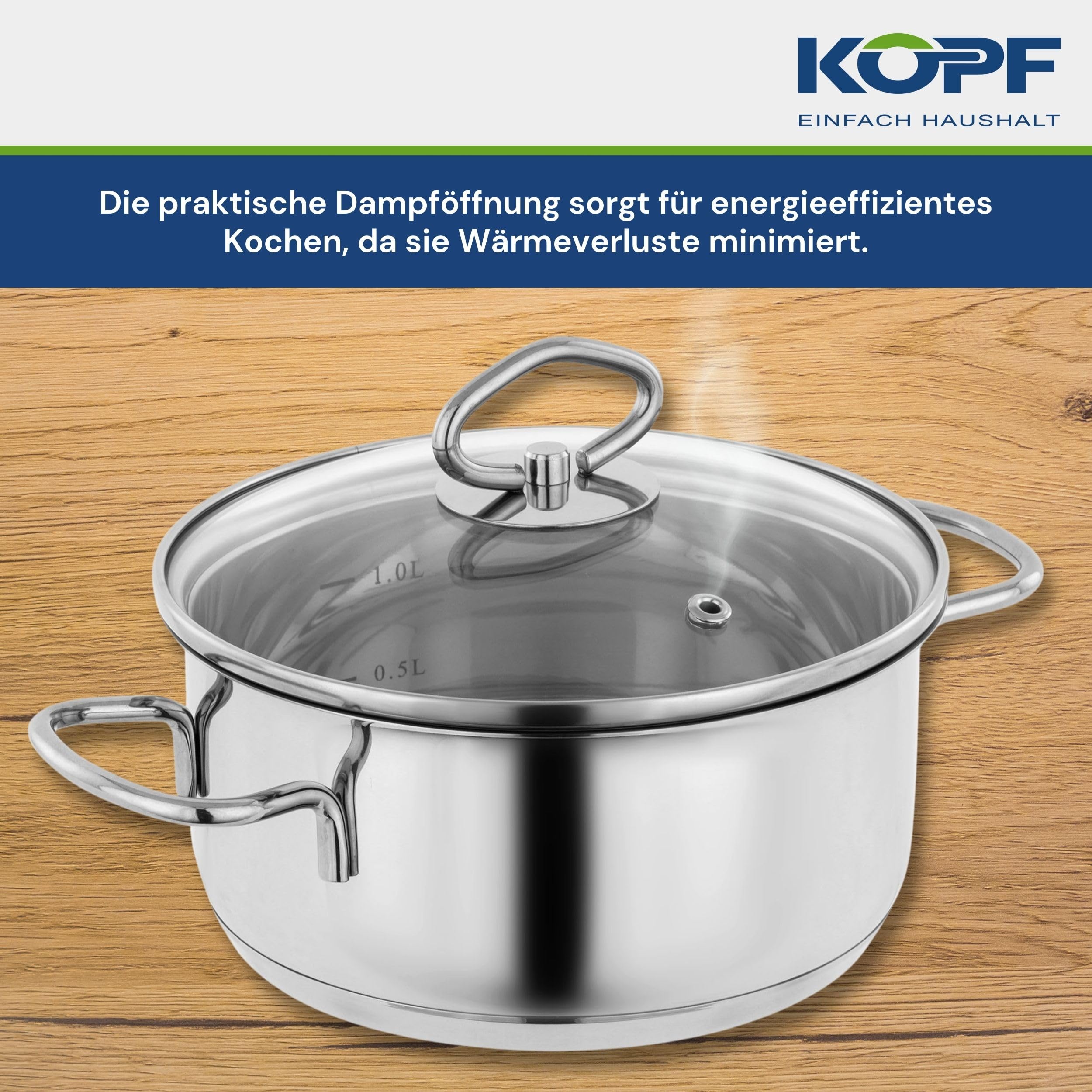 Kopf Topfset Merkur aus Edelstahl - Induktionstöpfe mit Schüttrand, Literskala und Glasdeckel – 4-teilig