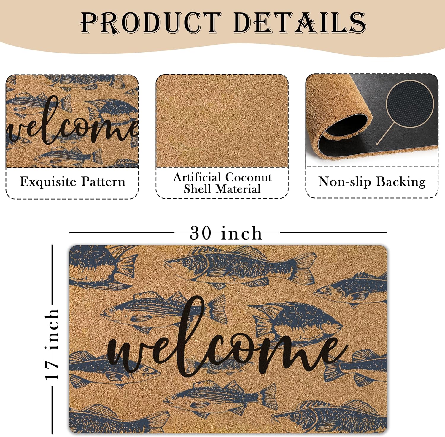 Nautical Blue Fish Welcome Door Mat, Beachy Ocean Front Door Mat Rug Outdoor Indoor Entrance, Coastal Fish Artificial Coir Doormat for Beach House Patio Porch Outside Entryway, 30x17 Inch