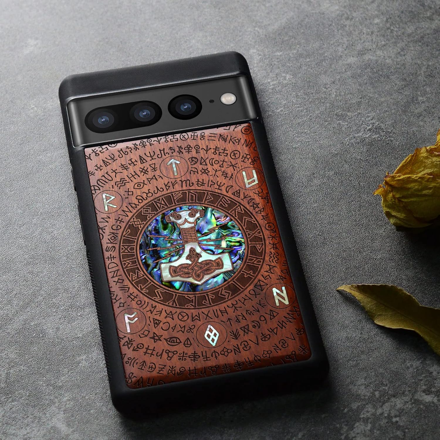 Carveit Designer Wooden Case for Google Pixel 7 Pro Case [Wood Engraving & Shell Inlay] Unique Wood Cover Compatible with Wireless Chargers Pixel 7 Pro (Thors Hammer-Rosy)