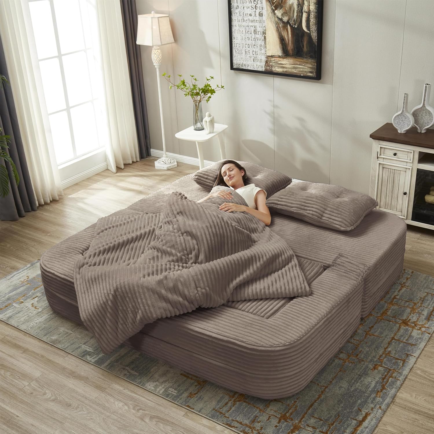 80" Foldable Floor Couch, 3-Seat Convertible Sleeper Sofa with Chaise Lounge, Blanket and 3 Soft Pillows, Corduroy Fabric, for Living Room, Bedroom, Apartment, No Assembly Required, Coffee