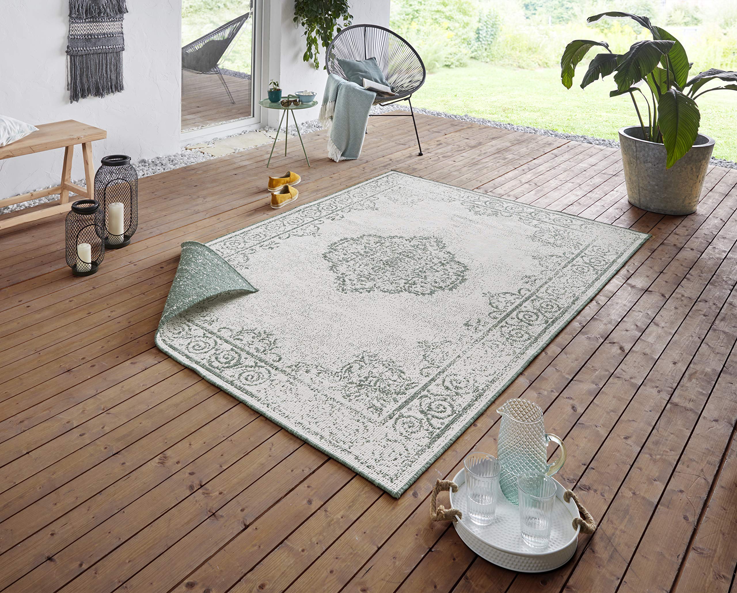 NORTHRUGS Cebu Tapis d'intérieur et d'extérieur réversible 160 x 230 cm – Résistant aux intempéries Design Oriental Vintage pour Balcon, terrasse, Jardin, Jardin d'hiver, Salon, imperméable en Vert