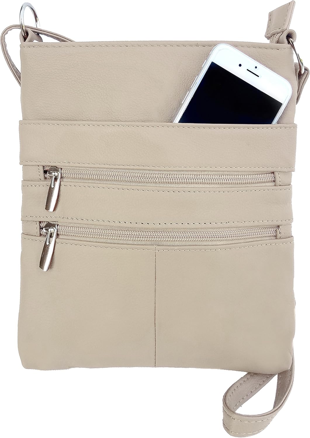 Roma Leathers Mini Cross Body Purse - Multi Pocket Double Zipper Handbag - Premium Cream Leather - Adjustable Shoulder Strap - Convenient Travel Bag - Designed in the U.S.A.