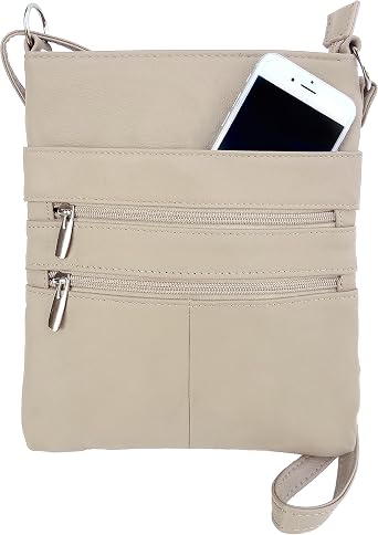 Mini Cross Body Purse - Multi Pocket Double Zipper Handbag - Premium Cream Leather - Adjustable Shoulder Strap - Convenient Travel Bag - Designed in the U.S.A.