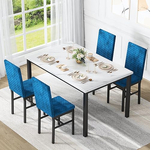 Miniatura 2 de Recaceik Juego de mesa de comedor para 4, juego moderno de 5 piezas con mesa de cocina de mármol sintético y 4 sillas tapizadas en terciopelo, juego