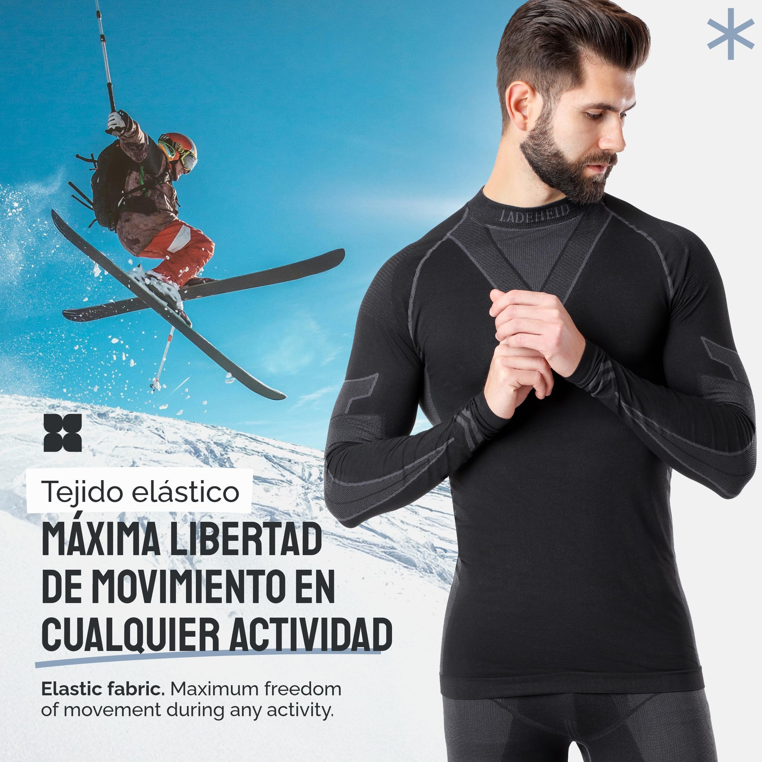 Ladeheid Conjunto Térmico Hombre – Ropa Interior Térmica con Camiseta Manga Larga y Pantalón Termico Hombre Running – Transpirable, Secado Rápido, para Deporte y Frio LAGI003