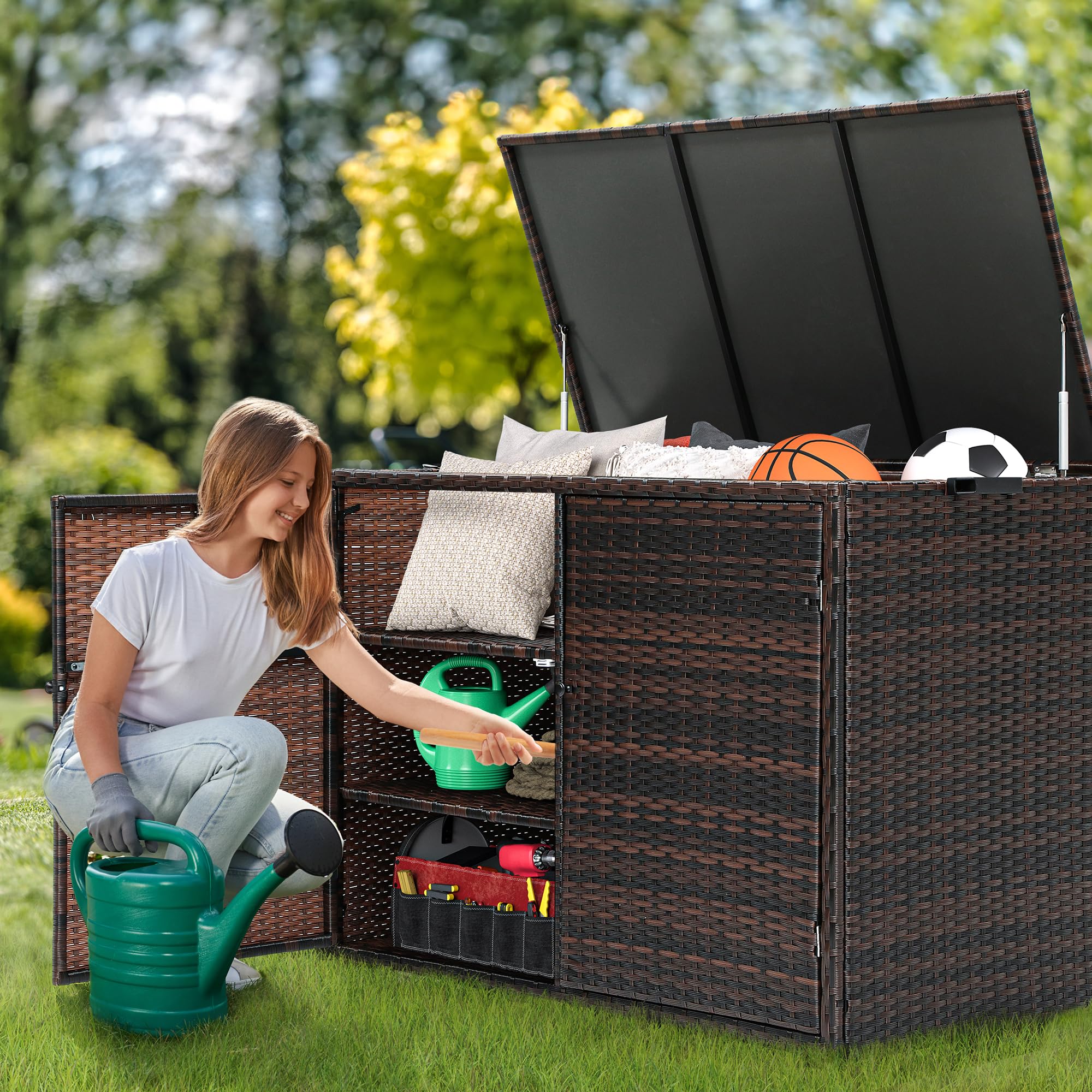 YITAHOME 150 Gallon Outdoor Storage Box with 3-Tier Storage, Large Wicker Rattan Deck Box with Lid, Double Doors, and Separate Storage Shelves for Patio, Pool, Supplies, and Tools - Brown