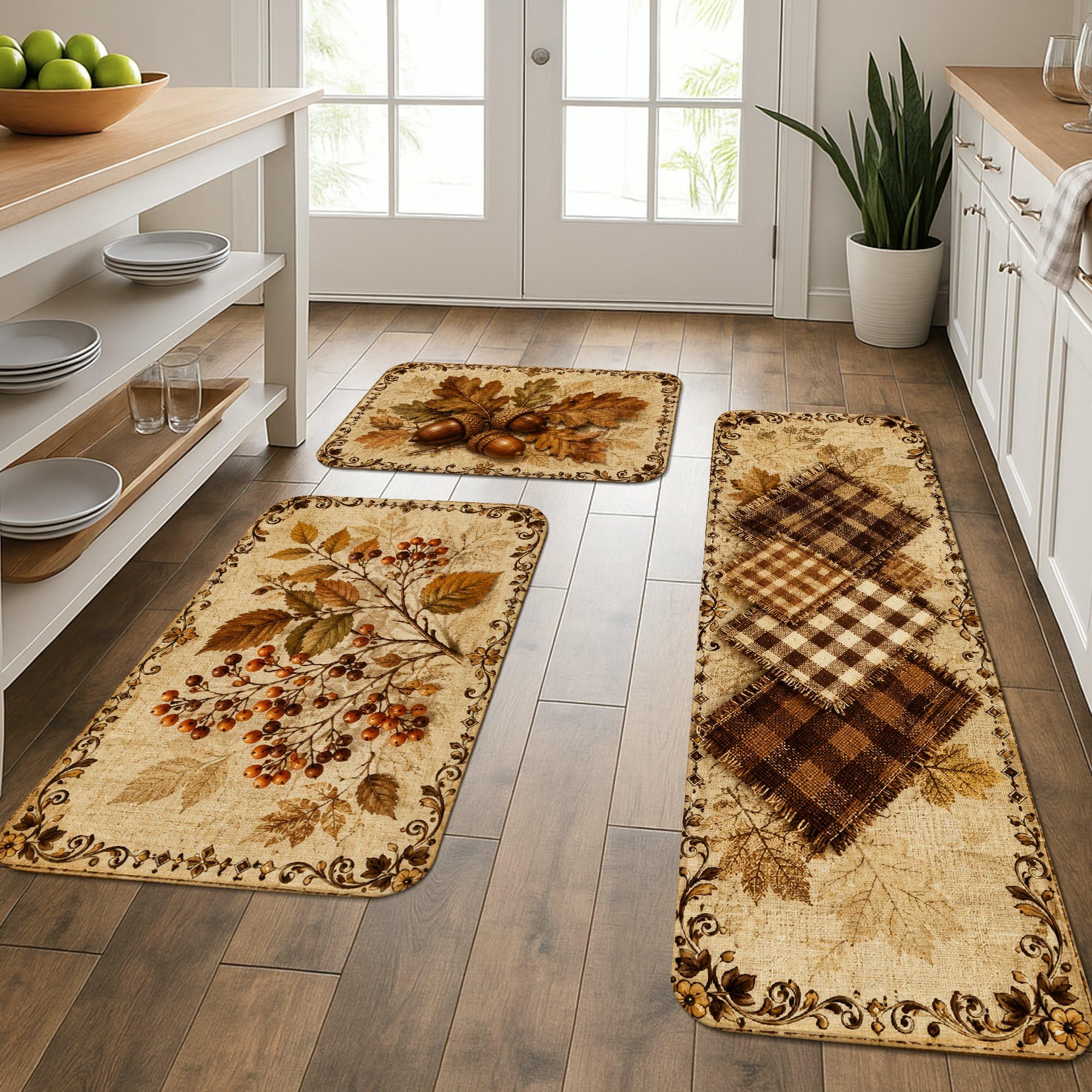 Tapis de cuisine lavables à carreaux marron pour éviter les sols froids et sales