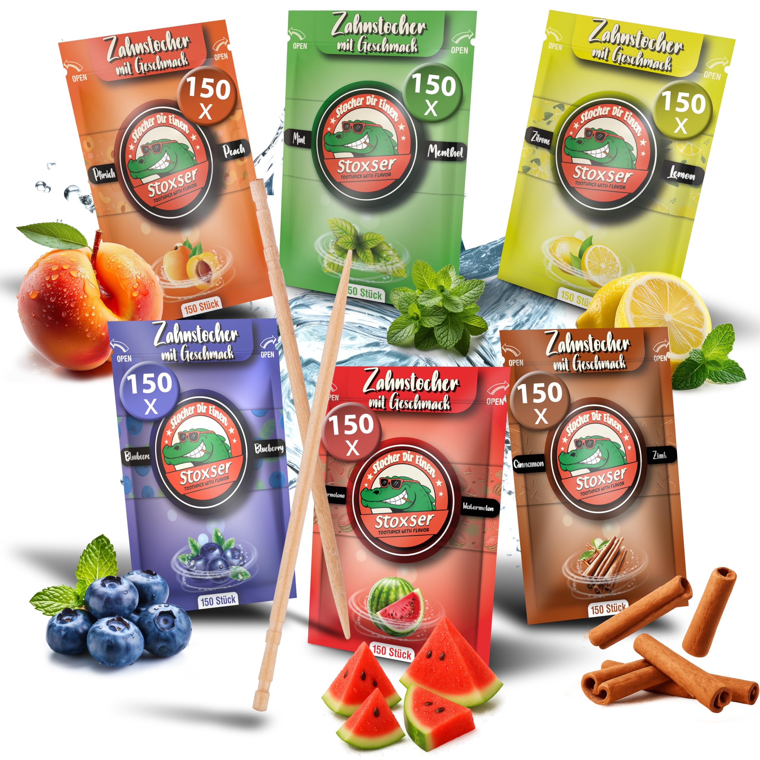 Stoxser 900x Zahnstocher mit Geschmack 6er Pack Pfirsich und Blaubeere und Zitrone/Lemon und Mint/Menthol Wassermelone/Zimt Geschmacksrevolution Zahnstocher Geschmack Kein Kaugummi Zuckerfrei