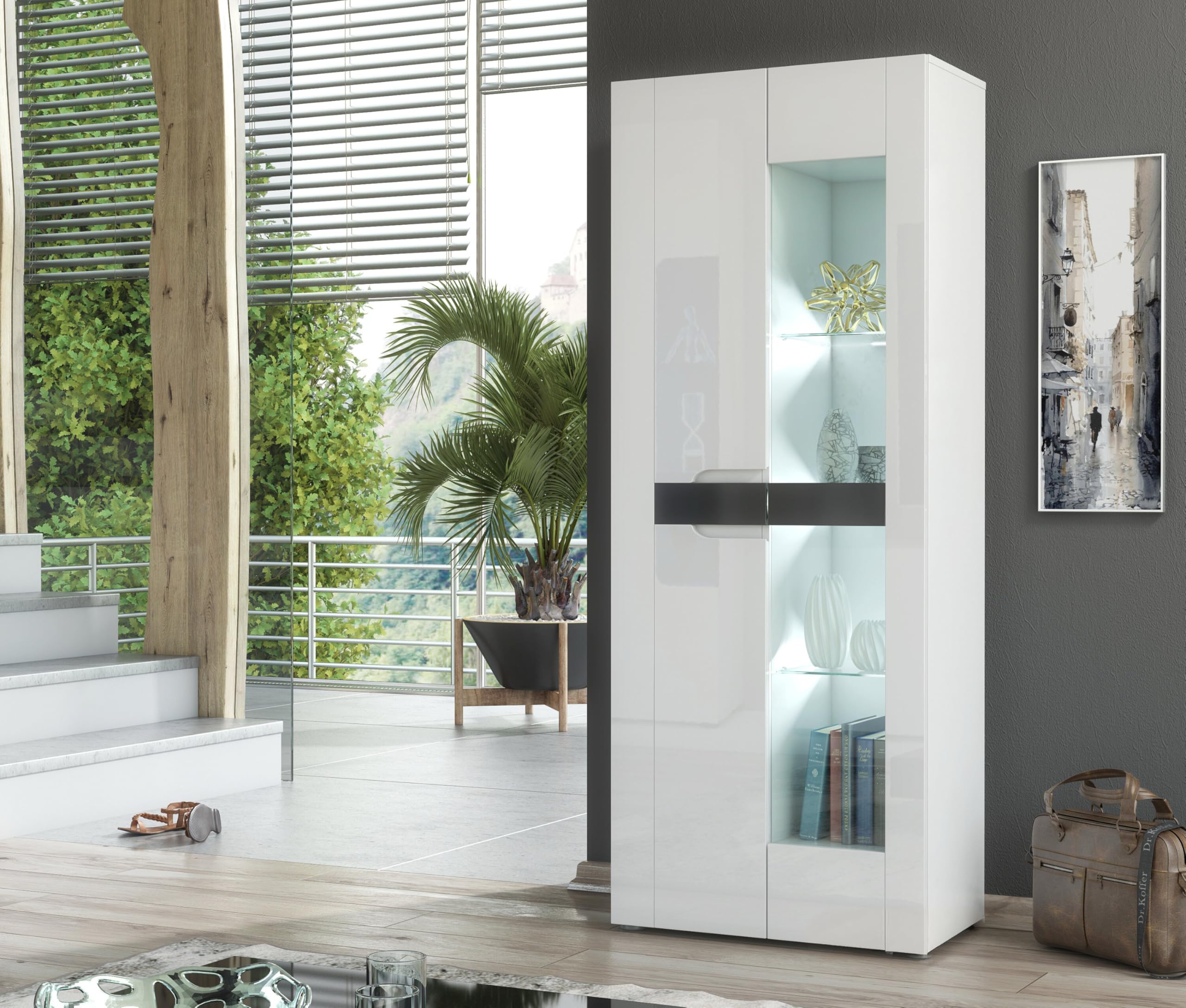 Furneo Milano 08 – White 2-Door Display Cabinet, High Gloss & Matt Finish, White LED Lights