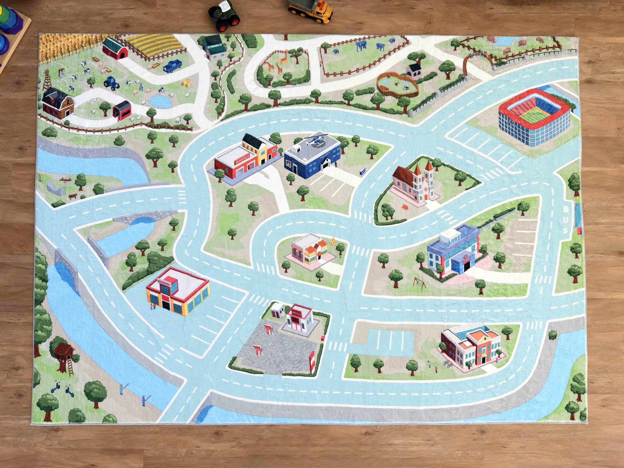 Dywan do zabawy "Fluffy Town" – dywan dziecięcy 200 x 140 cm, przytulne runo, antypoślizgowy spód, idealny do samochodów zabawkowych i figurek
