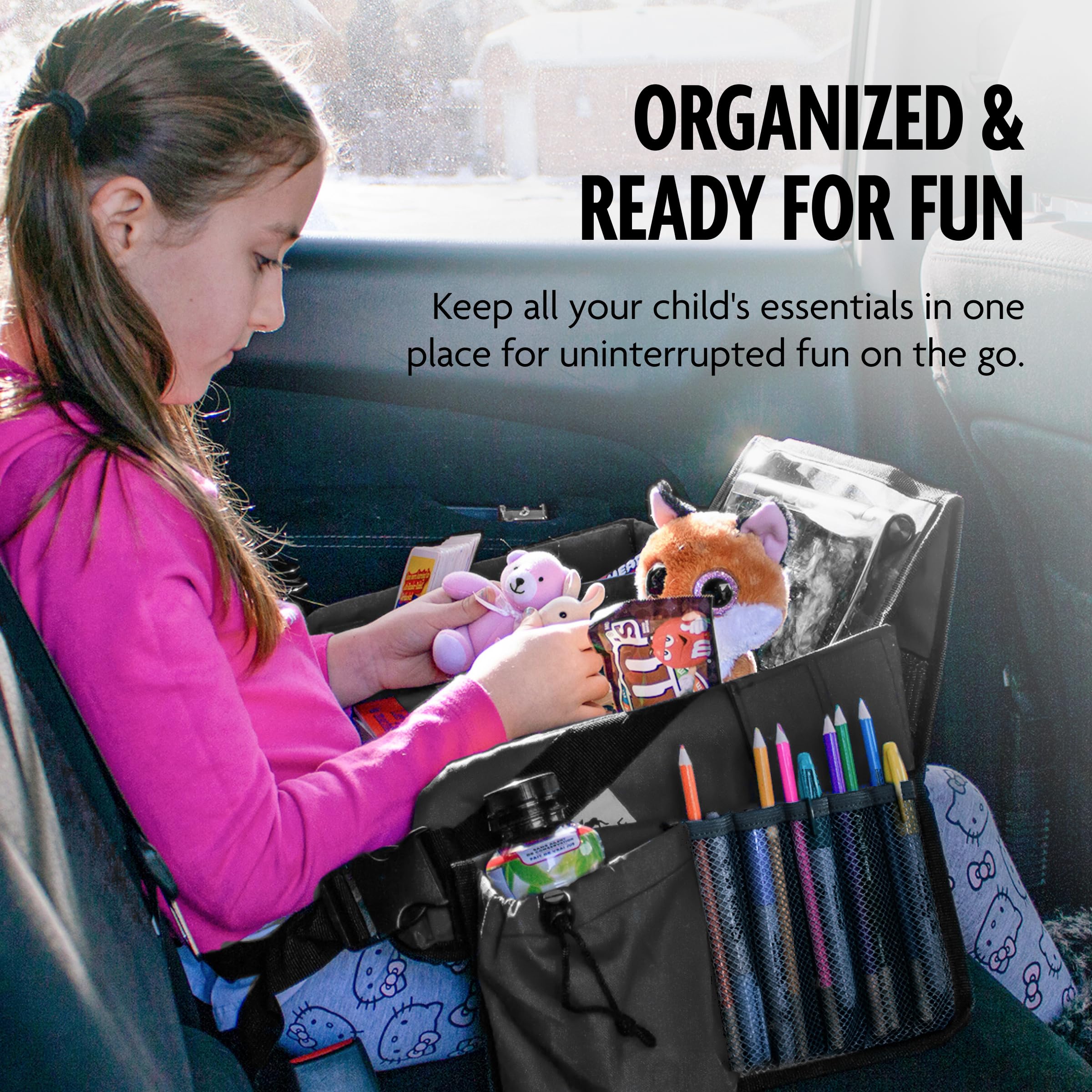 DMoose Bandeja de viaje para niños, bandeja de actividades para asientos de automóvil con base acolchada y cómoda, paredes laterales, bolsillos malla para aperitivos, soporte para tableta, cochecito