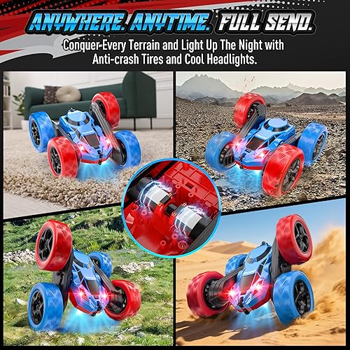 Vista 68 de Auto de control remoto para niños, auto de acrobacias RC giratorio de 360°, vehículo eléctrico 4WD de doble cara con luces LED, autos de juguete