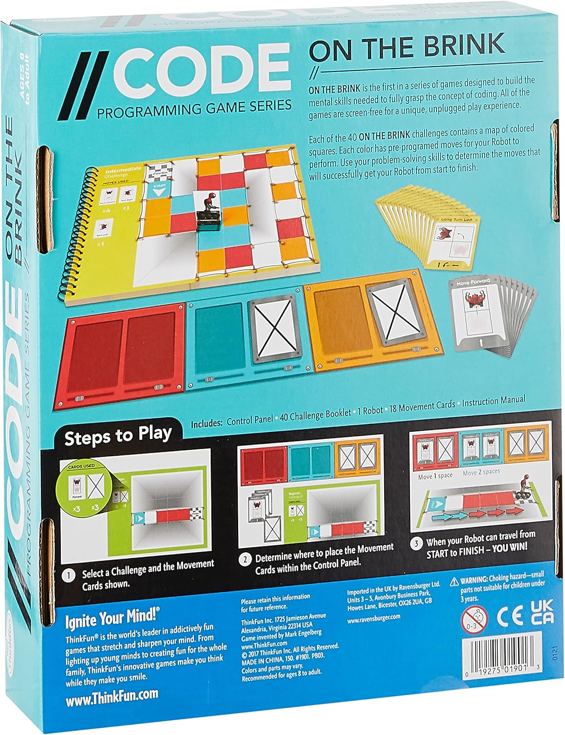 Back of the ThinkFun Code On The Brink box showing setup steps