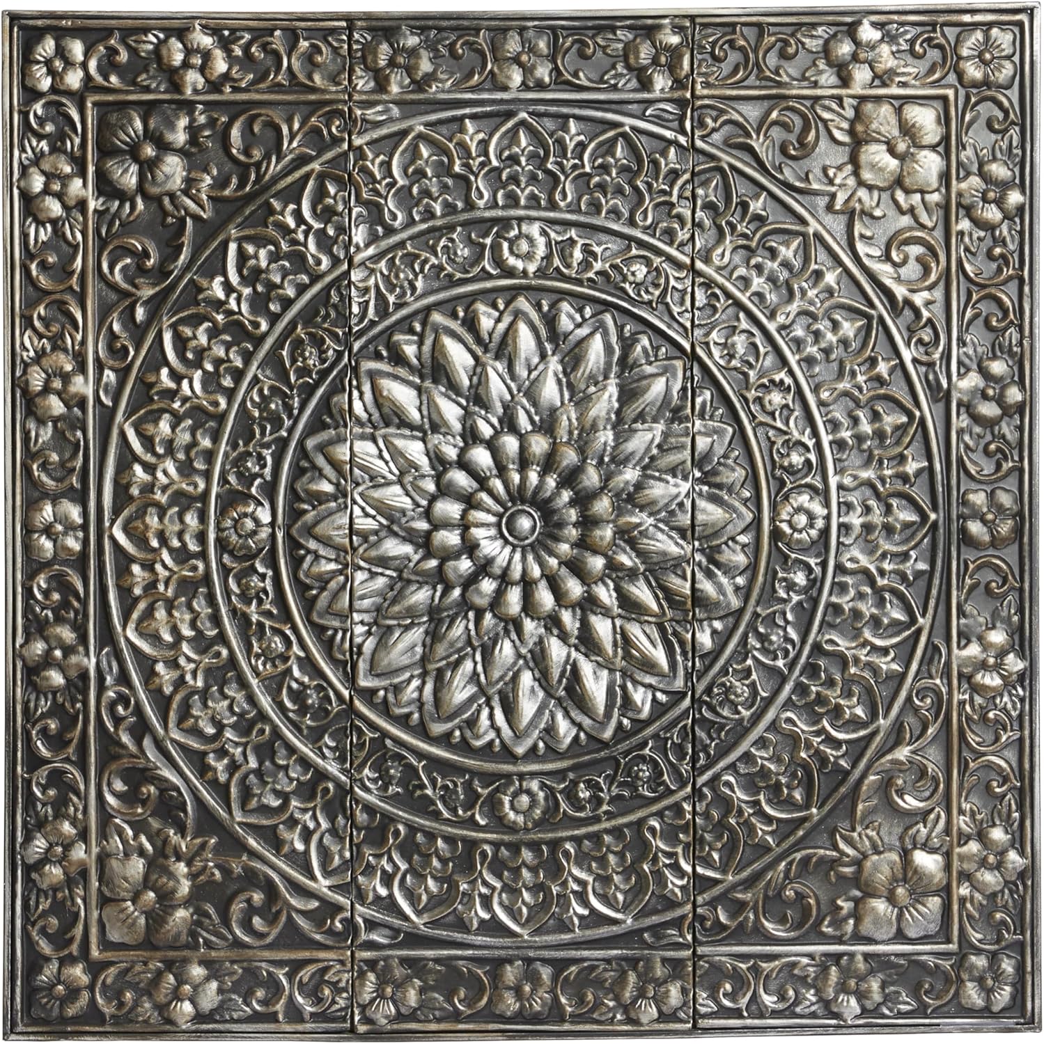 Deco 79 Metal Floral Home Wall Decor Embossed Scroll Wall Sculpture with Gray Backing, Wall Art 36" x 2" x 36", Silver