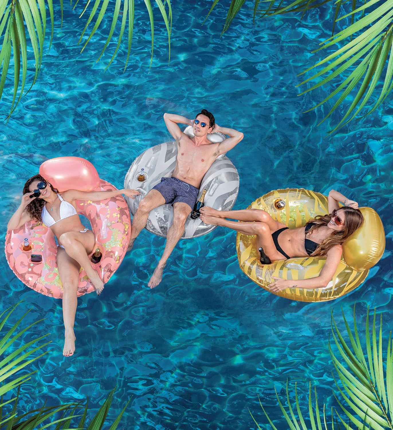 POZA Luxury Inflatable Lounge Pool Float with Back Rest - Inflatable Pool Chair Float for Adults Filled with Sparkle Confetti, Built-in Phone Holder, Cup Holders and Handles, 42 Inches - Rose Gold