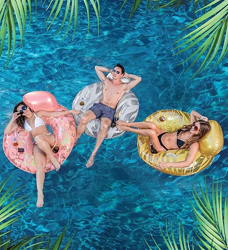 Miniatura 5 de POZA Tubos inflables de lujo con respaldo – Tumbona de lujo llena de confeti con brillo plateado, tubos gruesos flotadores de piscina, teléfono