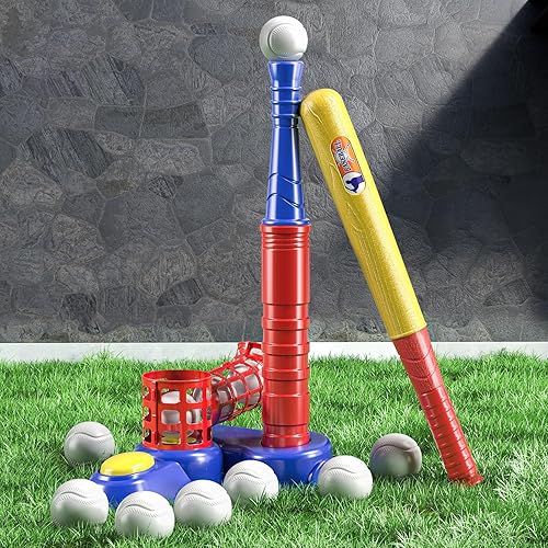 TEMI Juego de pelota de béisbol 2 en 1 para niños de 3-55-8, camiseta de béisbol para niños, juego de pelota en T con 10 bolas, máquina de lanzar,