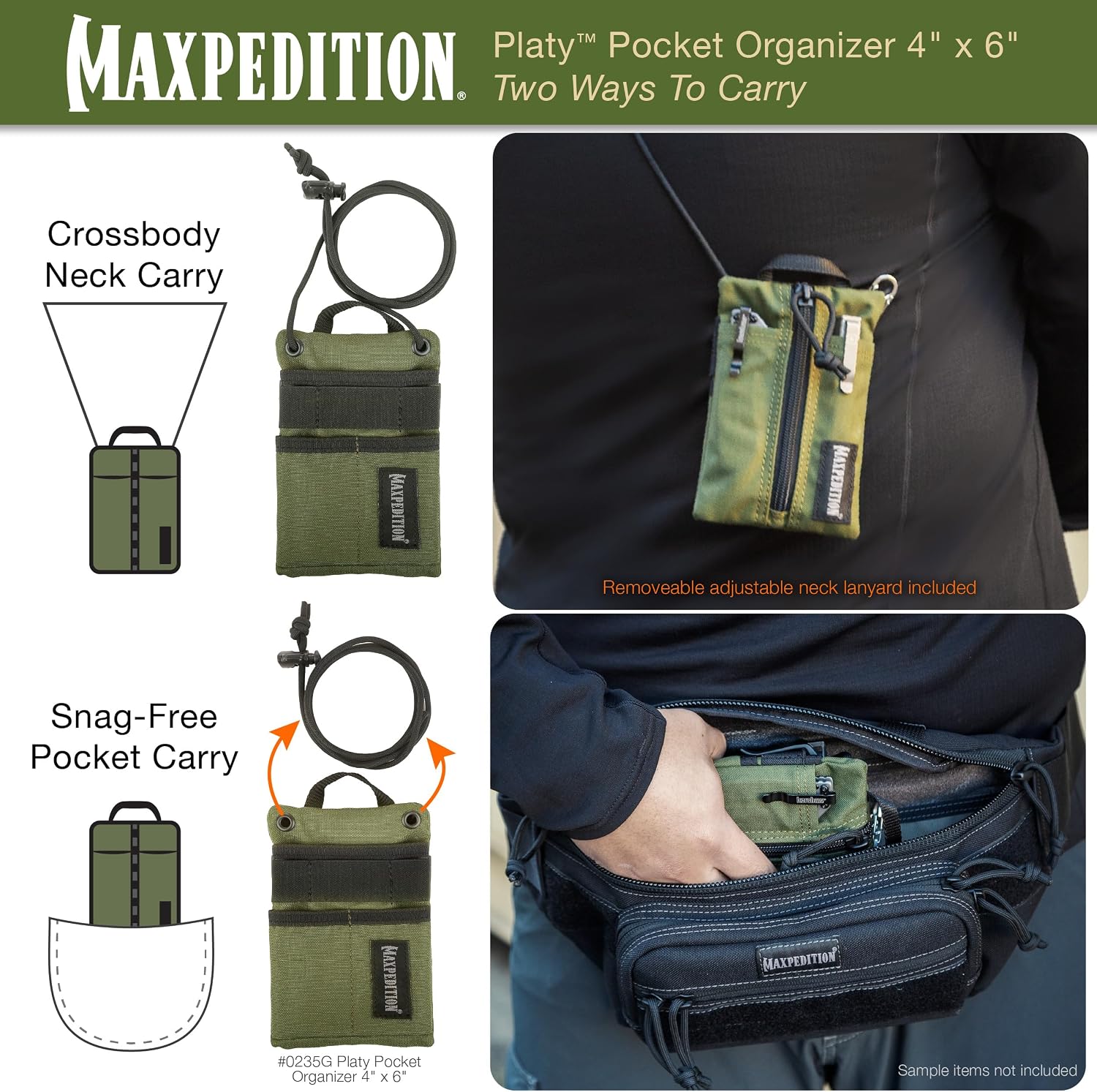 MAXPEDITION Platy Pocket Organizer, Durable EDC Tool Pouch for Men, Neck Wallet with Paracord Lanyard, Holds Flashlight, Multitool, Pen, Notebook (OD Green, 4" x 6")