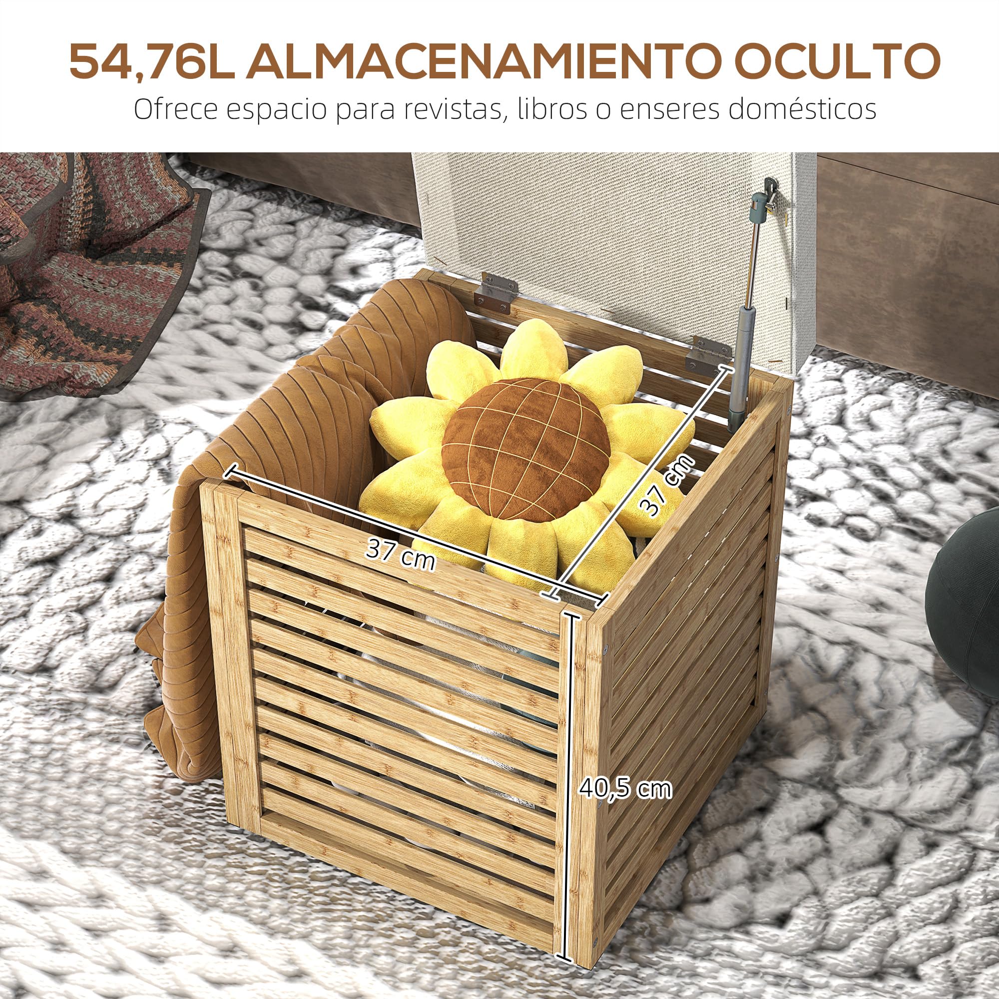 HOMCOM Baúl de Almacenaje para Dormitorio 54,7L Taburete de Almacenaje Tapizado en Lino Sintético con Cojín Marco de Bambú para Entrada Salón 40x40x47 cm Gris y Natural