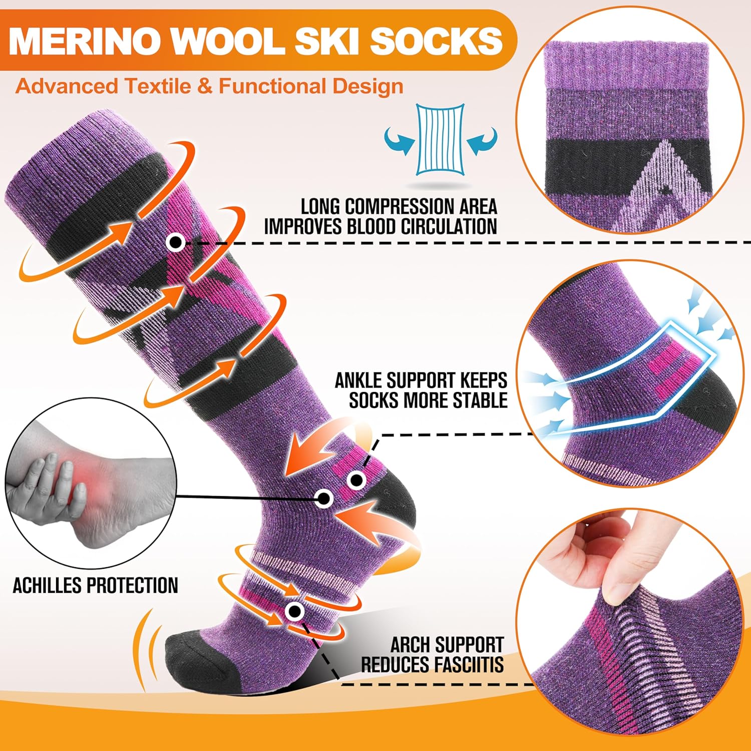 3 Pairs Merino Wool Ski Socks for Womens Mens Thermal Winter Warm Thick Knee High Socks for Skiing Snowboarding - Image 3