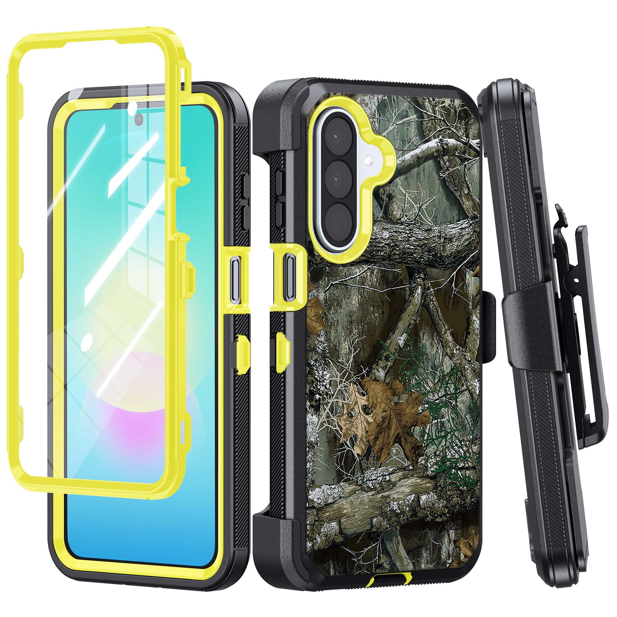 Per Samsung Galaxy A27 5G Custodia robusta, protezione dello schermo, clip da cintura - Camo Giallo
