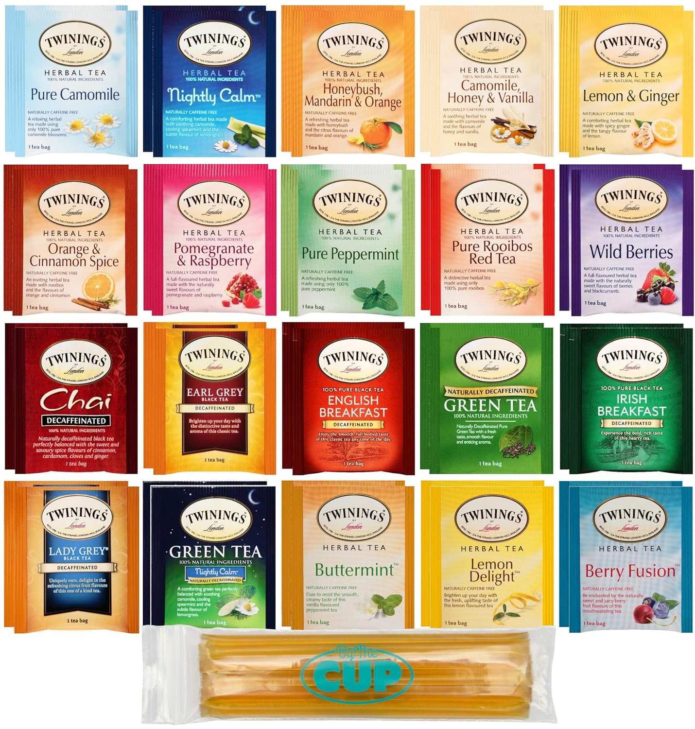 Twinings Herbal & Decaf Tea Sampler 40 Ct Assortment with By The Cup Honeysticks : Grocery & Gourmet Food