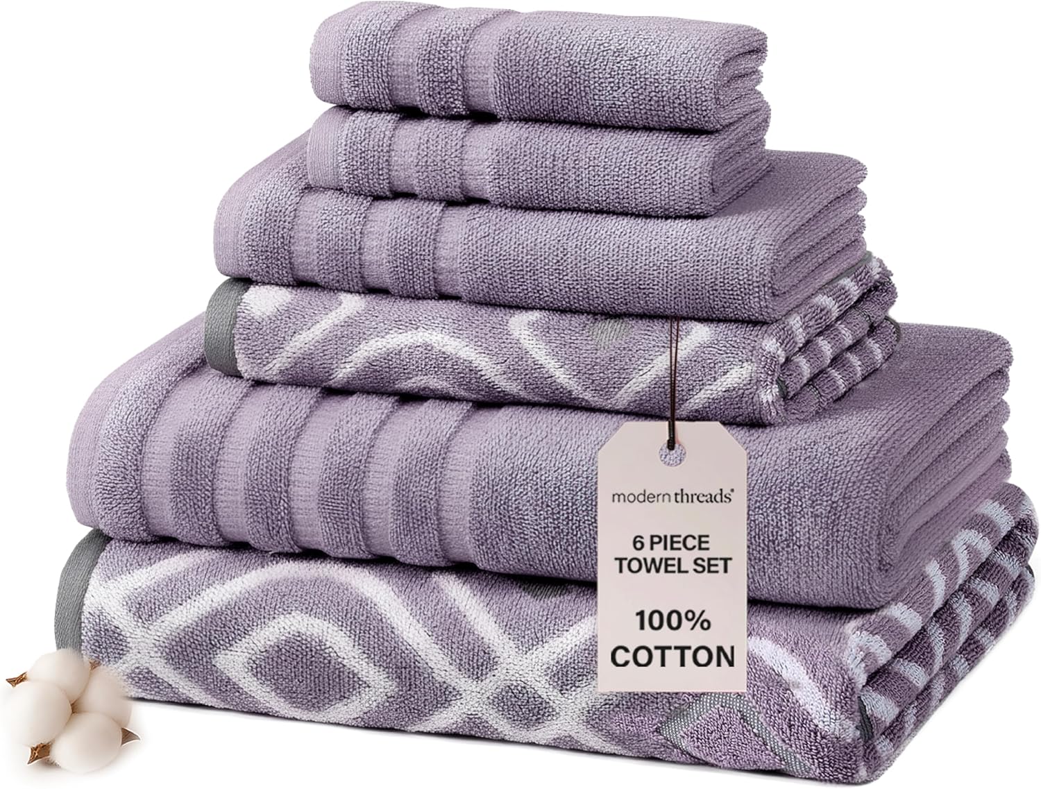 Modern Threads Oxford 6-Piece 100% Cotton Towel Set – Yarn Dyed Jacquard & Solid – Includes 2 Bath Towels, 2 Hand Towels, 2 Washcloths – Absorbent, Quick Dry, Soft & Durable – Lavender
