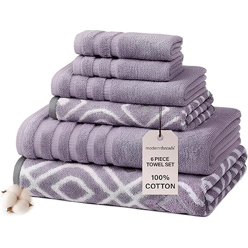 Modern Threads Oxford 6-Piece 100% Cotton Towel Set – Yarn Dyed Jacquard & Solid – Includes 2 Bath Towels, 2 Hand Towels, 2 Washcloths – Absorbent, Quick Dry, Soft & Durable – Lavender