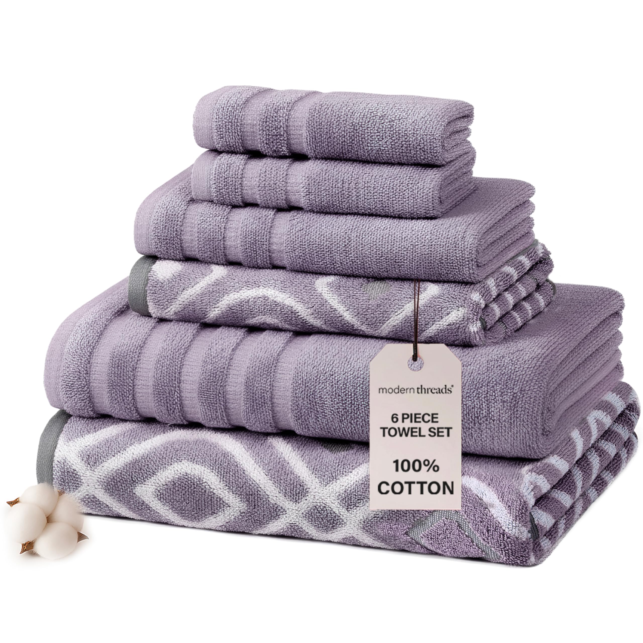 Modern Threads Amrapur Overseas 6-Piece Yarn Dyed Oxford Stripe Jacquard/Solid Ultra Soft 500GSM 100% Combed Cotton Towel Set [Grey Lavender]