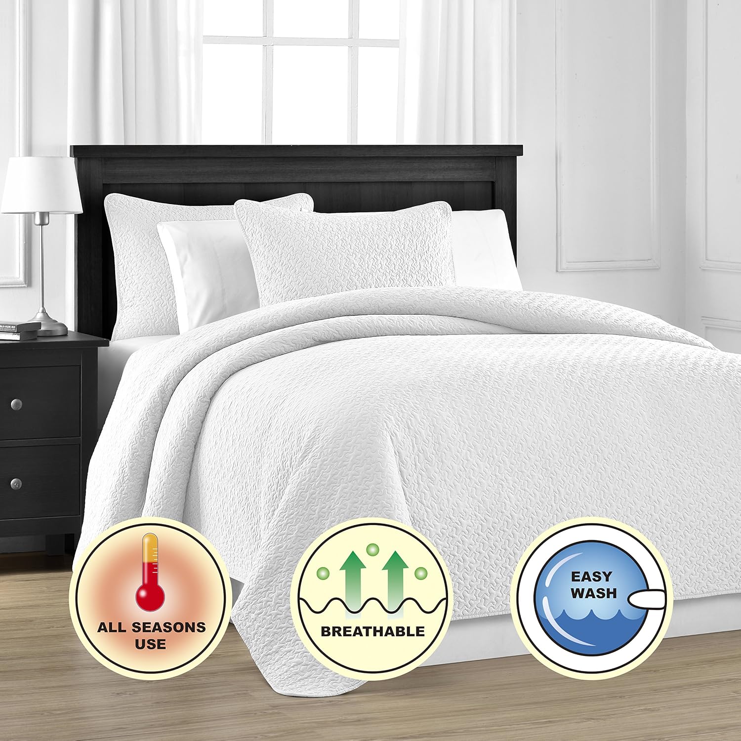 Comfy Bedding Prewashed Durable Jigsaw Quilted 3-Piece Bedspread Coverlet Set (King/Cal King, White)
