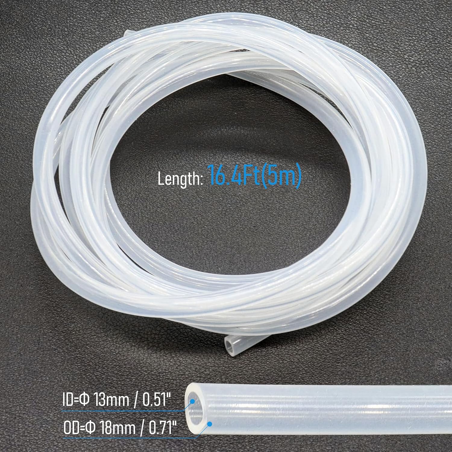 Silicone Tubing 0.51" x 0.71"（13x18mm）(IDxOD) 16.4Ft(5m) Length Flexible Transparent Tube, Silicone Rubber Air Hose Water Pipe for Pump Transfer