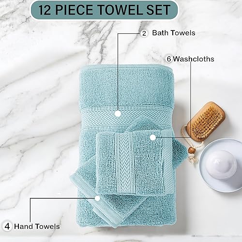 Vista 131 de HILLFAIR Juego de 12 toallas de algodón de 21.16 oz/m², 2 toallas de baño, 4 toallas de mano, 6 toallas de baño, toallas absorbentes de algodón Azul